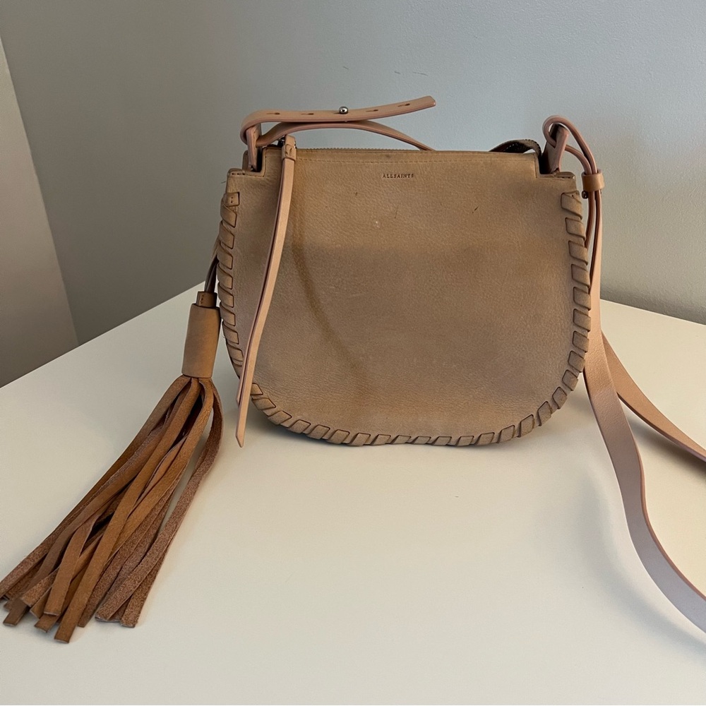 All saints tan suede crossbody bag with leather tassel detail